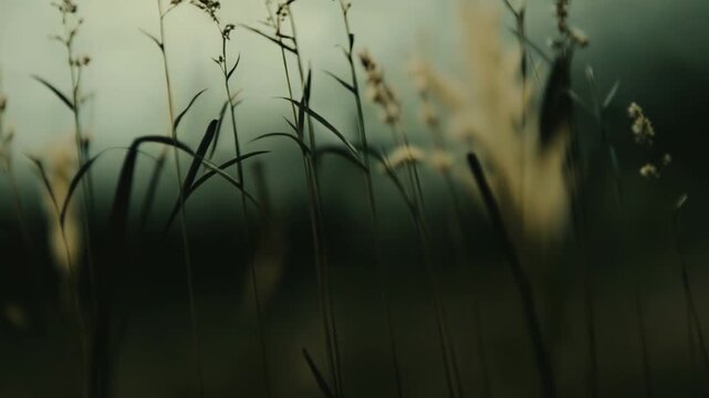 Delicate dry grass seed heads with soft, feathery textures standing tall against a subtly blurred, tranquil green grey background, conveying a sense of serenity and natural beauty