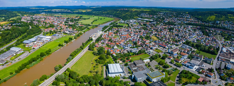 Aerial view around the village Mosbach in Germany. On sunny day in spring around vineyards.