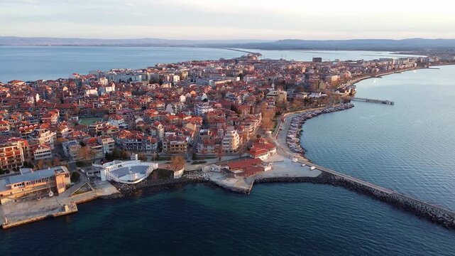 Aerial view of Nessebar with a pier on a peninsula in the Black Sea, Bulgaria