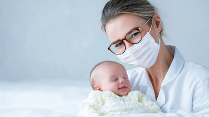 Doctor in mask and glasses looking at camera, holding a calm newborn baby, symbolizing pediatric care and protection