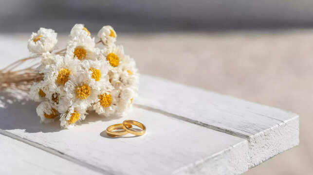 Dried flowers and two golden wedding rings positioned separately on a white wooden surface, depicting marriage problems, divorce, or a broken relationship