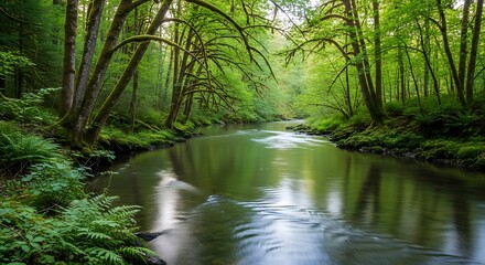 Obraz premium Serene river flowing gently through a lush green forest with tall trees and vibrant foliage creating a peaceful natural landscape with reflections on the calm water.
