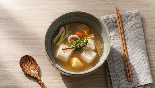 Zoni mochi soup with clear savory broth, chewy rice cake, vegetables, and light garnish, traditional Japanese New Year dish with clean presentation and comforting seasonal appeal