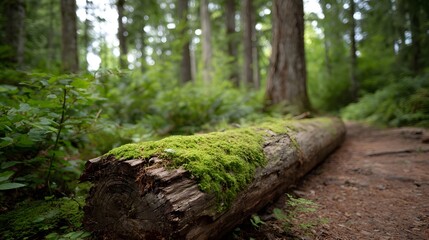 Fototapeta premium A weathered fallen tree trunk draped in vibrant green moss lies beside a forest hiking trail inviting explo n of the serene natural environment