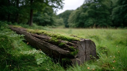 A weathered fallen log covered in lush green moss rests in a quiet meadow beside a forest