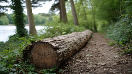 Fototapeta premium A fallen log lies across a dirt path beside a tranquil lake in a verdant forest