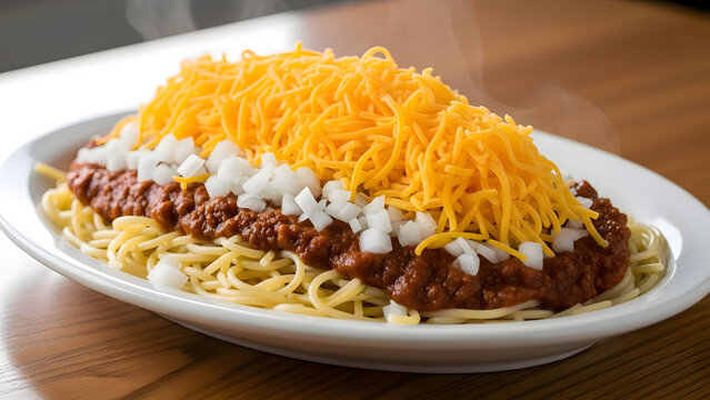 Delicious cincinnati style chili spaghetti with cheese and onions on a white plate