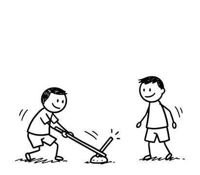 Simple black and white line drawing depicting two happy boys playing a traditional outdoor stick game together, highlighting childhood play and cultural heritage.