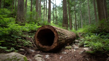 Obraz premium A hollow fallen log lies on a path in a lush green forest with tall trees