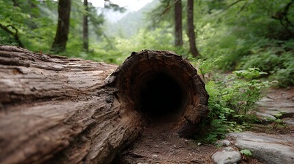 Fototapeta premium A weathered hollow fallen log rests on a forest path inviting explo n into its dark interior