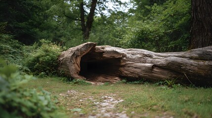 Fototapeta premium A large hollow fallen log lies on a forest path surrounded by lush greenery and trees