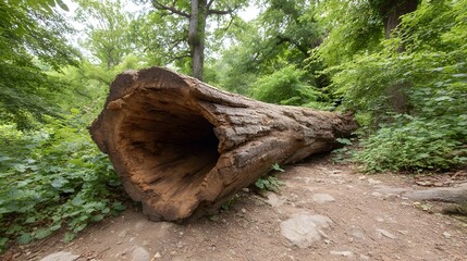 Fototapeta premium A massive hollow fallen tree trunk rests on a dirt path surrounded by dense green foliage in a tranquil woodland