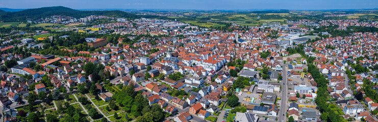 Aerial panoramic view of the city Winnenden, 71364 in Germany on a sunny spring afternoon.