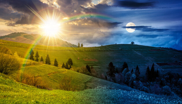 scenery with grassy rural fields near forest on hill. day and night time change concept. countryside landscape on cloudy weather in spring with sun and moon at twilight. equality and shift template