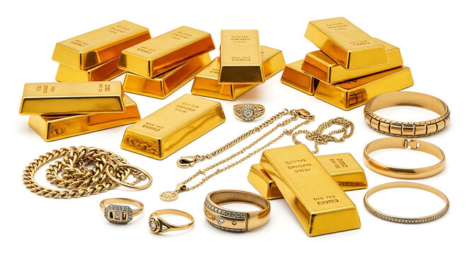Large collection of pure gold bars with luxury jewelry including rings bracelets and necklaces
