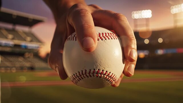 Hand holding baseball on field
