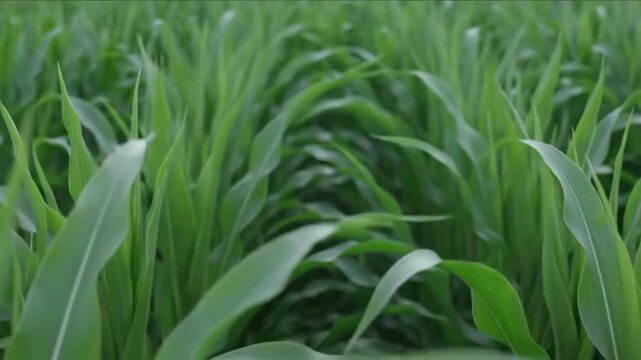 Verdant cornfield stretches under open sky Summer.