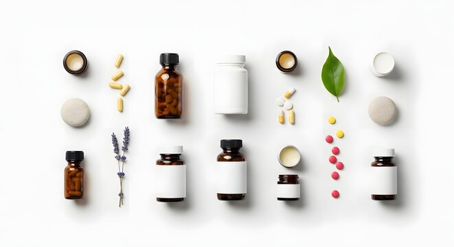 Medicine and supplements flat lay, minimalist wellness concept