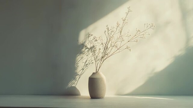 Dried flower branches in a simple ceramic vase creating a tranquil, minimalist aesthetic with warm natural light reflecting a window shadow on the pale wall and surface