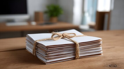 A stack of white envelopes tied with rustic twine sits on a wooden desk in a softly lit office