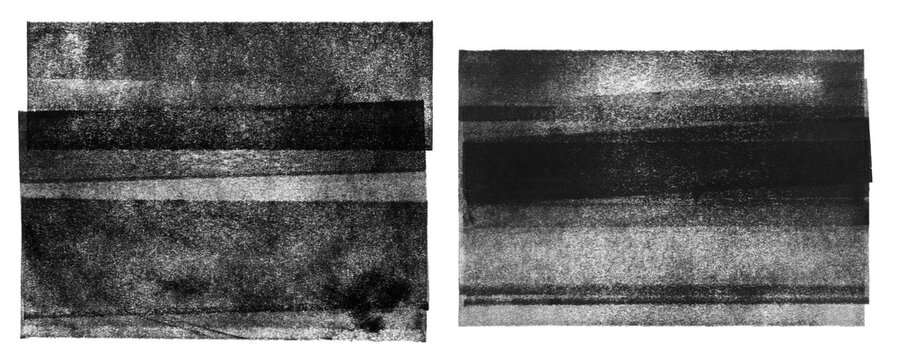 Linocut relief printing layered rectangle grungy textures set. Paint roller stains, textured lino ink remains. Black white grey artistic gradient aged distressed text backgrounds uneven geometric edge
