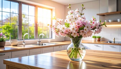 Bright Kitchen with Floral Arrangement in a Glass Vase on Counter