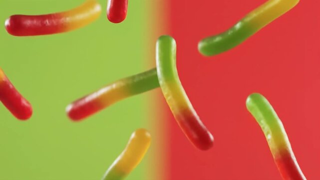 Slow motion twisting of neon gummy worms with translucent textures
