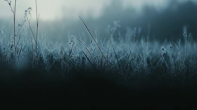 Field grass and dormant plants displaying visible frost in a cold winter morning, with dense fog creating a soft, blurry background of distant trees and a serene, tranquil atmosphere