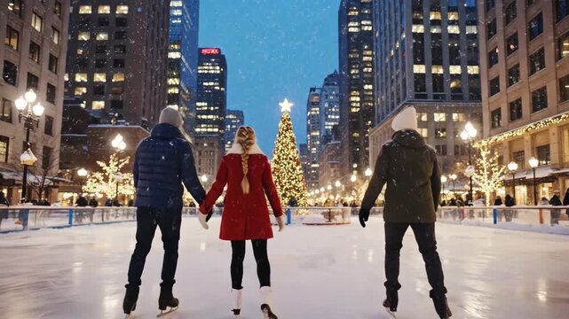 Three people holding hands while ice skating in urban winter setting
