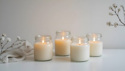 Four scented soy candles burning in glass jars on white surface