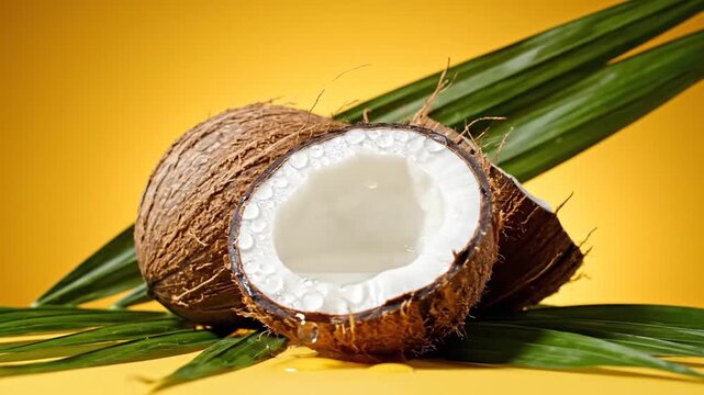 A halved coconut, full coconut, palm leaves, and water droplets against a yellow background