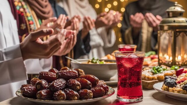 Ramadan Mubarak iftari animated showing Family making dua at an iftar with dates drinks lanterns