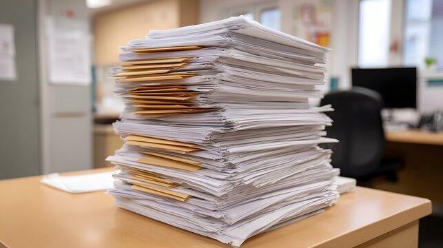 A massive stack of white papers and manila folders overflows a wooden desk in a cluttered office setting