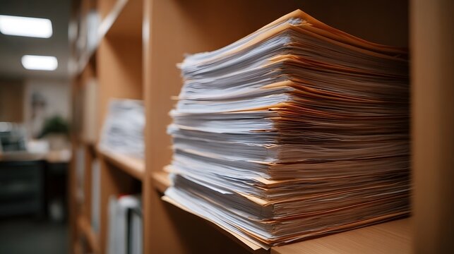 A large stack of documents and files in manila folders is organized on a wooden shelf in an office setting suggesting a busy work environment