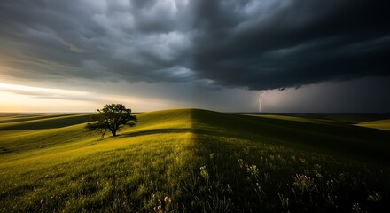 Obraz premium Dramatic stormy sky over serene green field with single tree standing tall in the landscape contrasting calm and turbulent weather conditions perfectly.