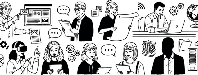 Obraz premium Minimalist vector art diverse business people working with laptops tablets virtual reality headsets and documents in office environment collaboration