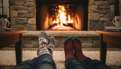 Obraz premium Legs of a couple wearing cozy patterned socks, resting on a rug with a burning log fire visible in a stone fireplace, creating a warm and relaxing atmosphere at home