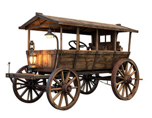 Fototapeta premium Rustic wooden wagon with oil lamps, weathered planks, and carriage wheels