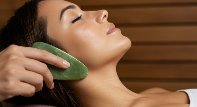 Woman getting a gua sha massage on her neck. Spa treatment with jade stone for beauty and relaxation, promoting facial health and skin care.