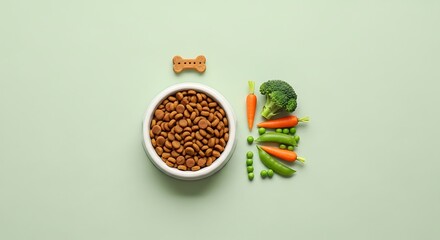 Healthy dog food with fresh vegetables and a bone-shaped biscuit