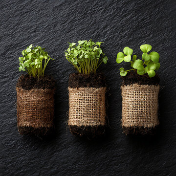 Fresh Green Seedlings in Burlap Root Balls Artfully Arranged on Dark Slate, Symbolizing Sustainable Growth and New Beginnings for Eco-Conscious Branding