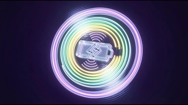 Sign of battery wireless technology. Glowing symbol of power transmission,  icon animation of battery energy flowing