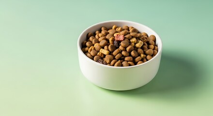 A white bowl filled with dry pet food on a pastel background