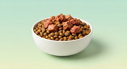 A white bowl filled with dry kibble and chunks of meat for a pet