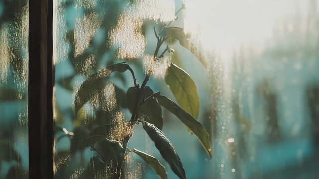 160 characters target, let's count, plant leaves seen through textured glass with warm sunlight. Soft reflections and lens flare creating a tranquil. Abstract indoor scene of growth and natural light