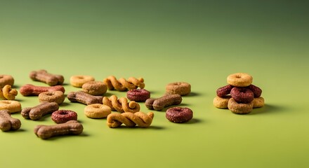 A variety of dog treats arranged on a light green background