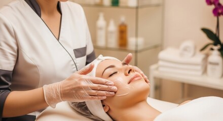 Woman cosmetologist applying facial cream on client face. Beauty treatment clinic for skin care routine and spa salon service.