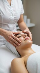 Fototapeta premium Woman receiving a relaxing facial massage from a female cosmetologist. Skincare and beauty treatment concept for wellness and spa advertisements.