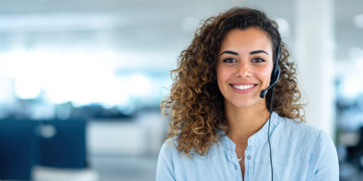 Young hispanic female customer service representative smiling with headset