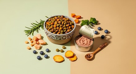 Healthy pet food assortment with natural ingredients